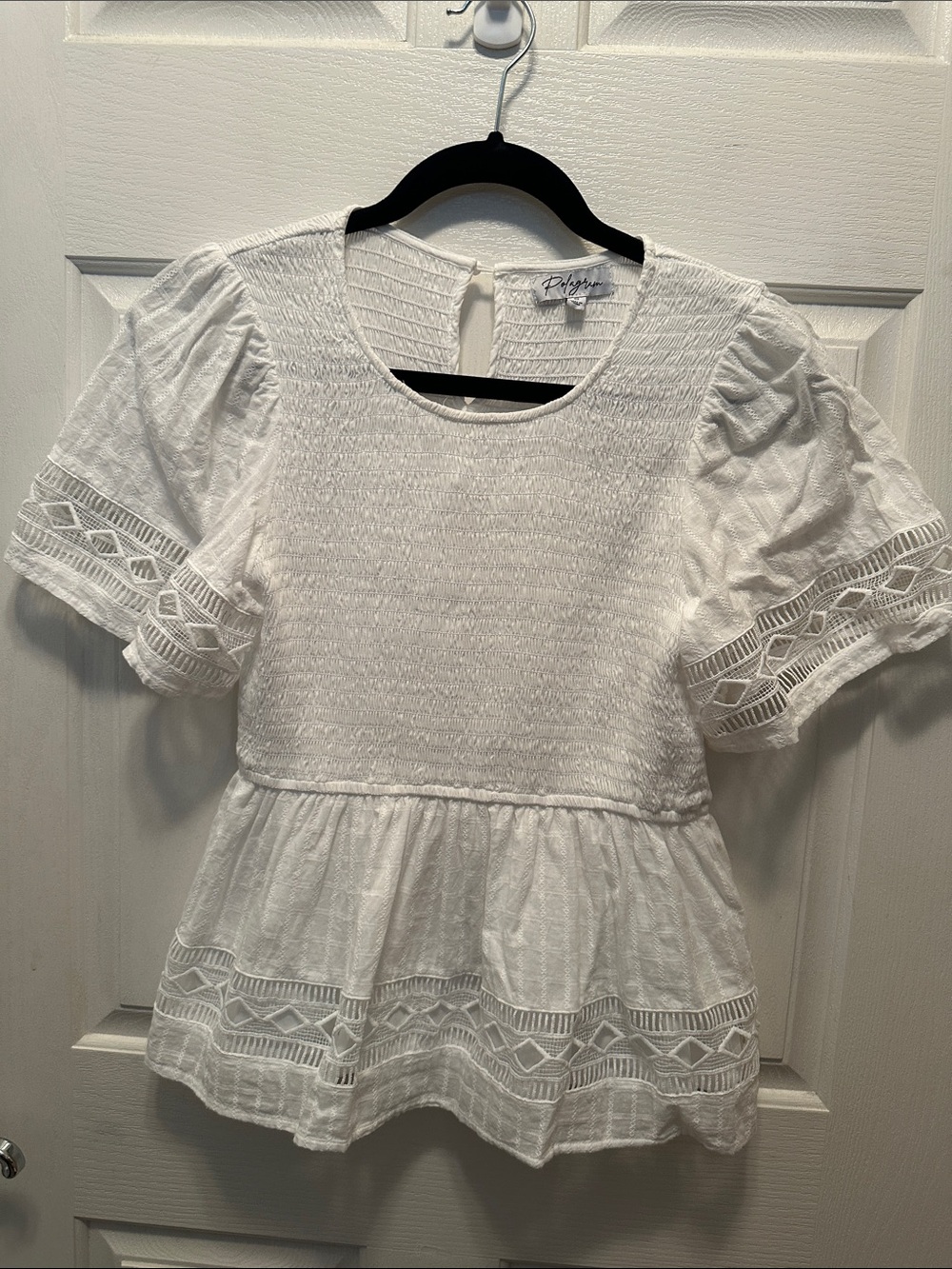Polagram White Smocked Eyelet Peplum Blouse with Lace Trim Size Small